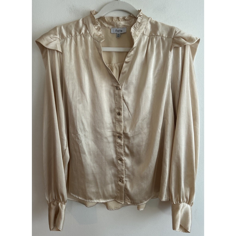 Fate Silky Button Up Champagne Long Sleeve Blouse Women's Size Medium